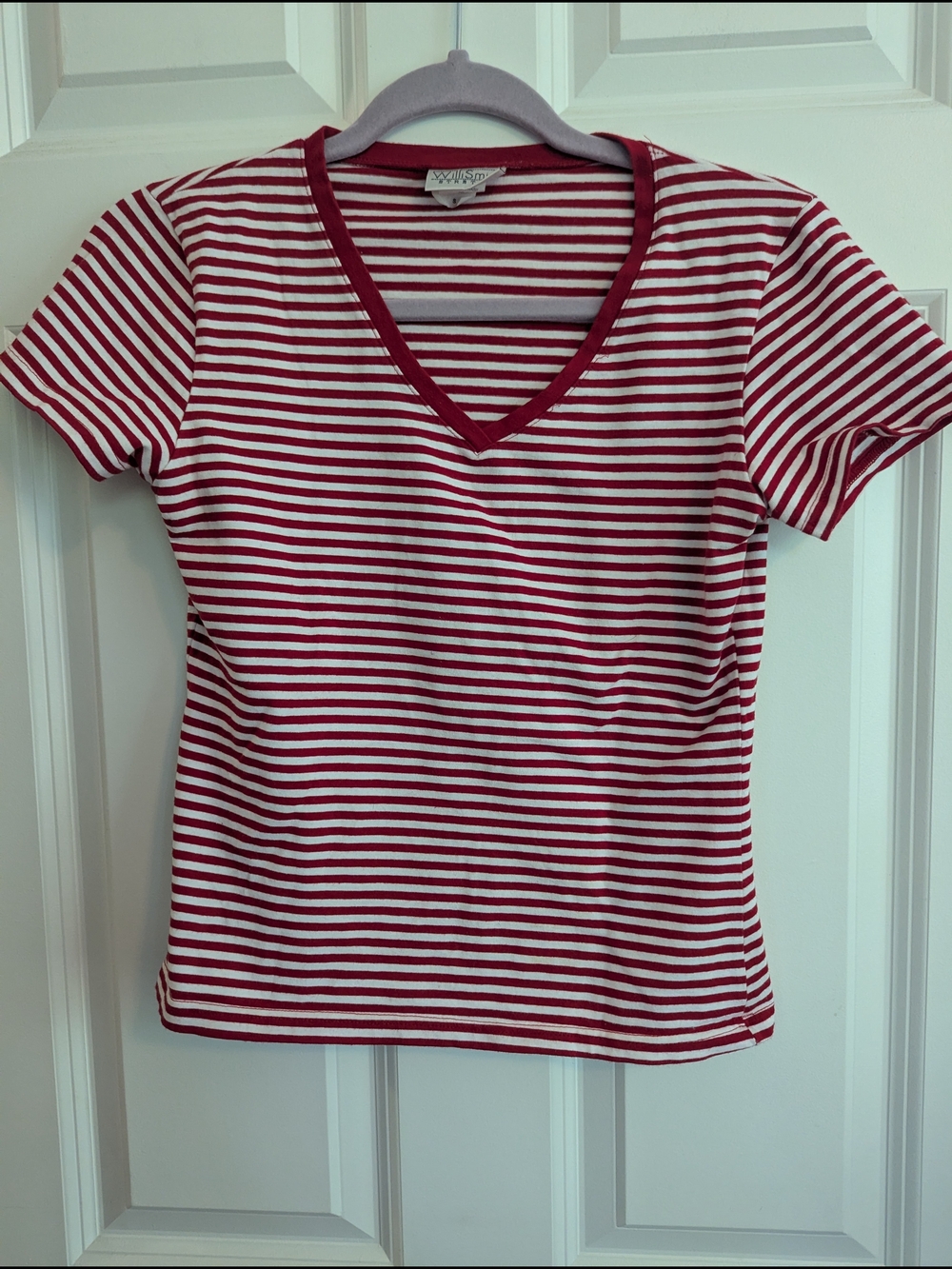 Willi Smith Red and White Striped V-Neck Tee